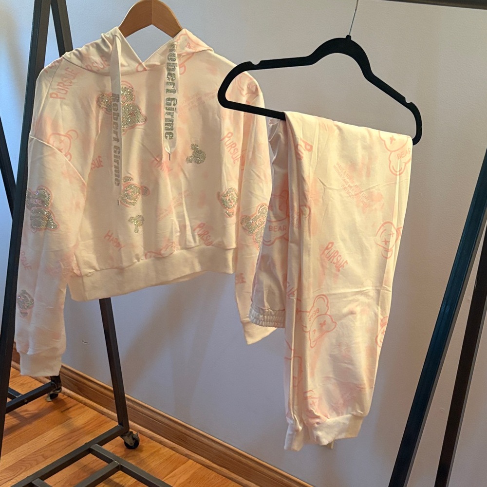 Women's Pink and White Hoodie and Pants Set